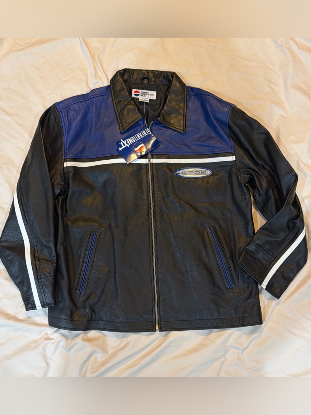 New Iconic 90's Pepsi Generation Next Black & Blue Leather Jacket Men's XL